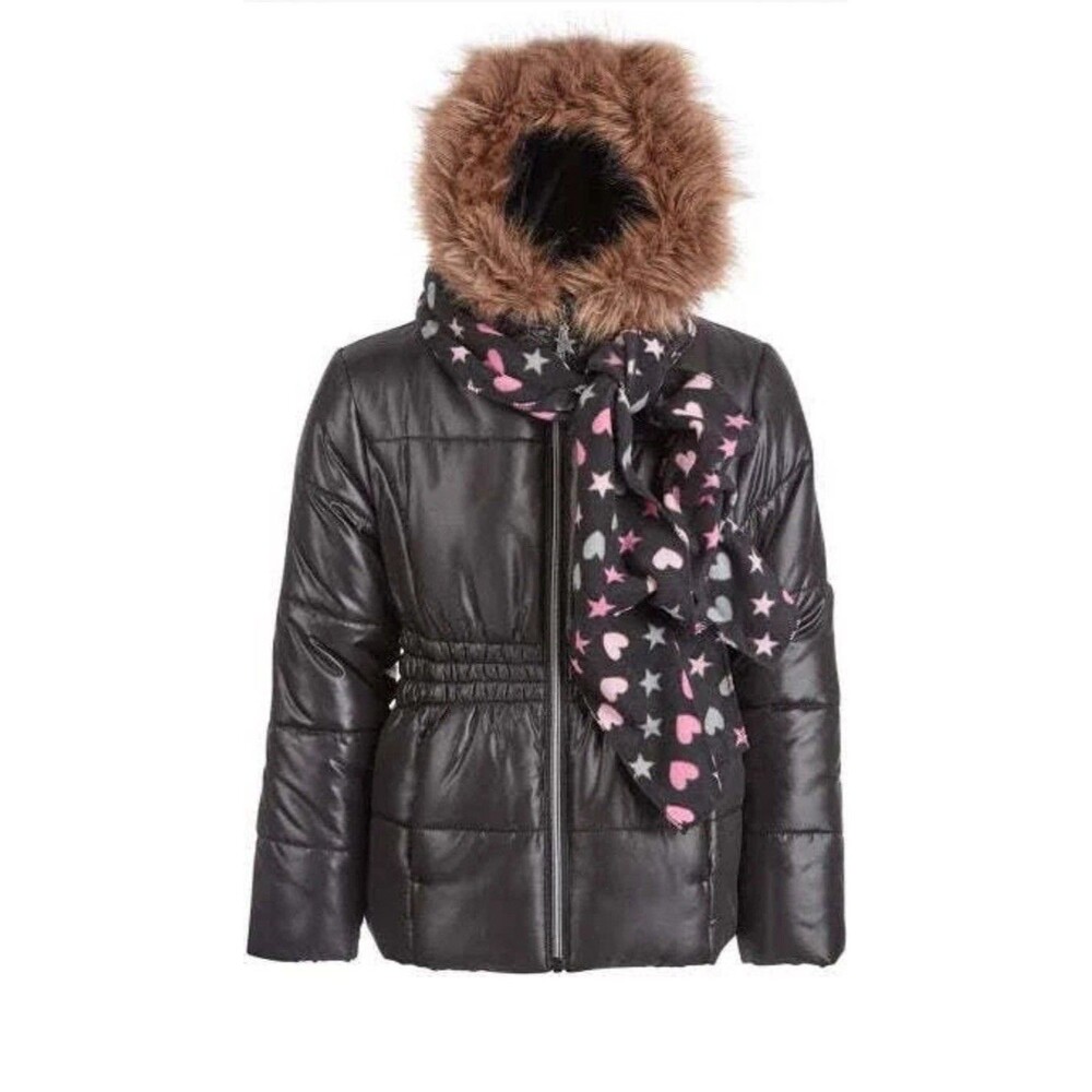 Rothschild Girls Black Puffer Jacket With Scarf and Faux Fur Trim, Size S 7/8